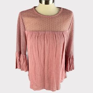 Gap Womens XS Rayon Modal Lace 3/4 Bell Sleeve Top Coral Pink